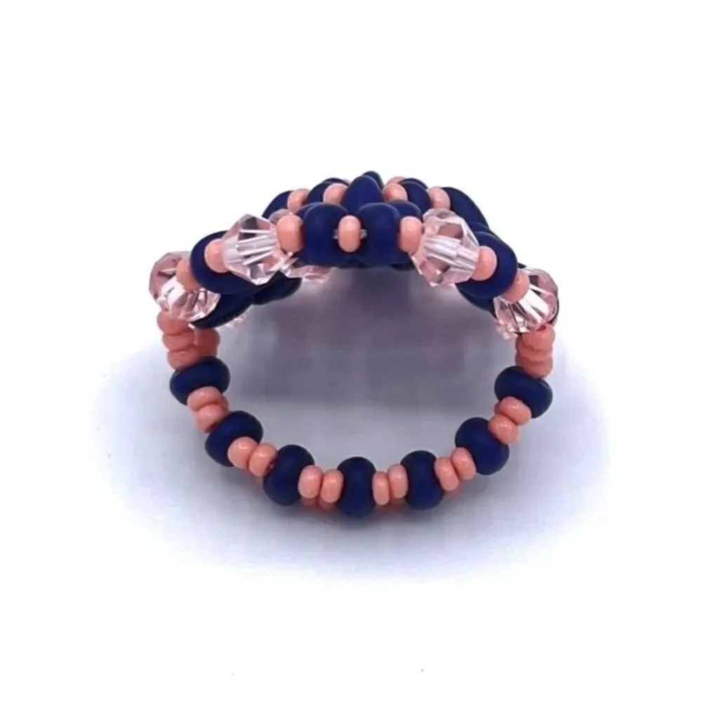 Navy Blue and Light Pink Crystal Beaded Statement Ring Size 5.5